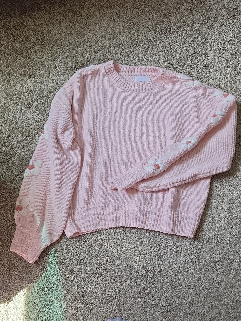 Soft Pink Crewneck Sweater with Floral Sleeve Accents